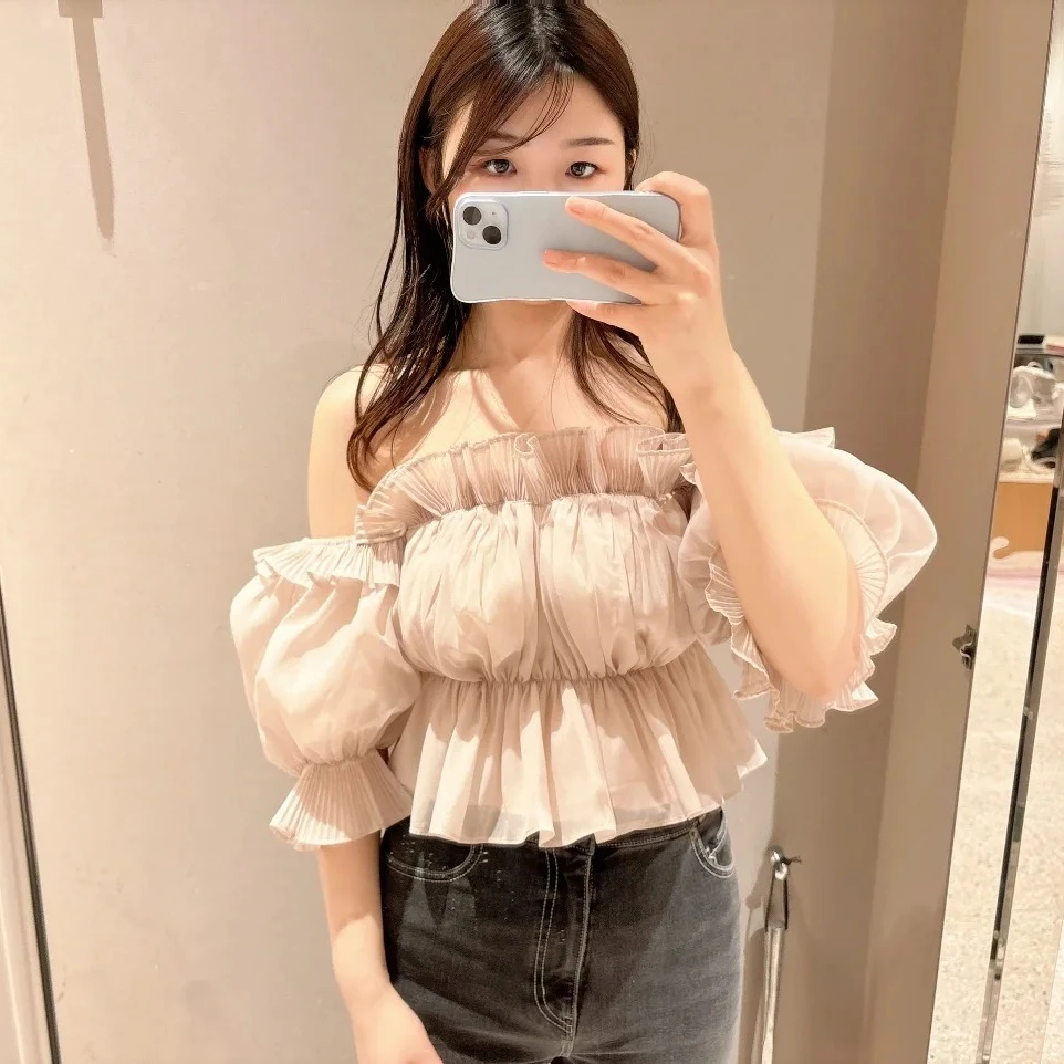 Kuzuwata 2024 Short Fresh Solid Color Blusas De Mujer Japanese Chiffon Slash Neck Blouse Women Ruffle Off Shoulder Sexy Shirts