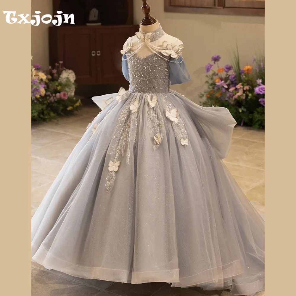 High-end Girl's Ball Gown Luxury Bow Wedding Flower Girl New Princess Dress Toddler Teens Child Vestido Birthday Clothes 3-15Y
