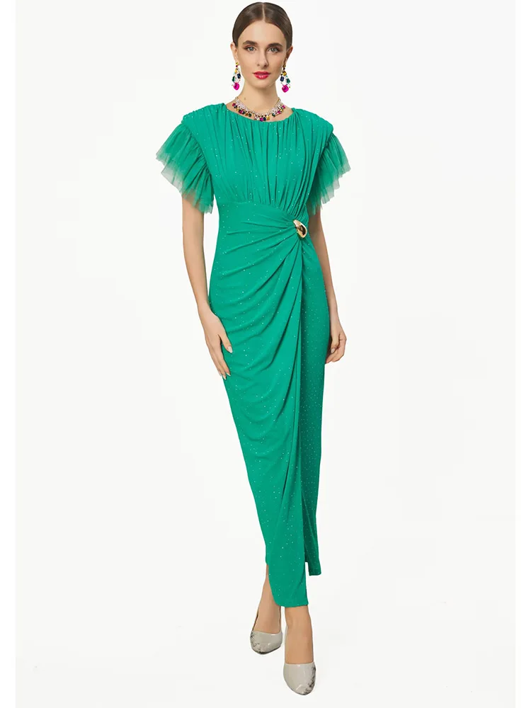 

JUNLINNA Fashion Elegant Women Runway Dress O-Neck Short Sleeve Ruched Beading Party Holiday Vestidos