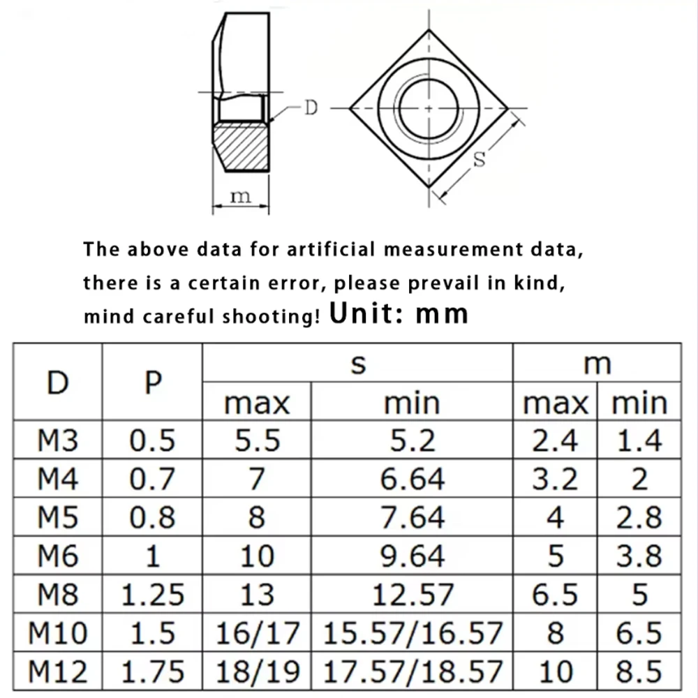 304 Stainless Steel Square Nut DIN557 Metric Threaded M3 M4 M5 M6 M8 M10 M12 Four‑Sided Nuts for Industry Fastening 5-100Pcs