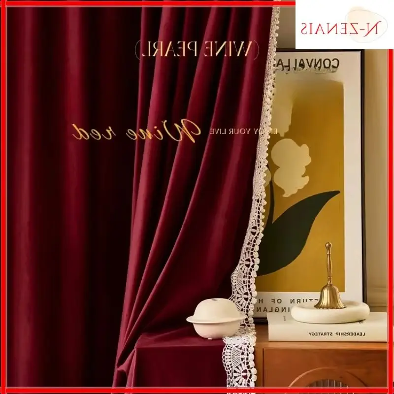 Curtains for Living Room Dining Bedroom Burgundy Velvet Vintage Light Luxury Pearl Lace Palace Grace Artistic Sense