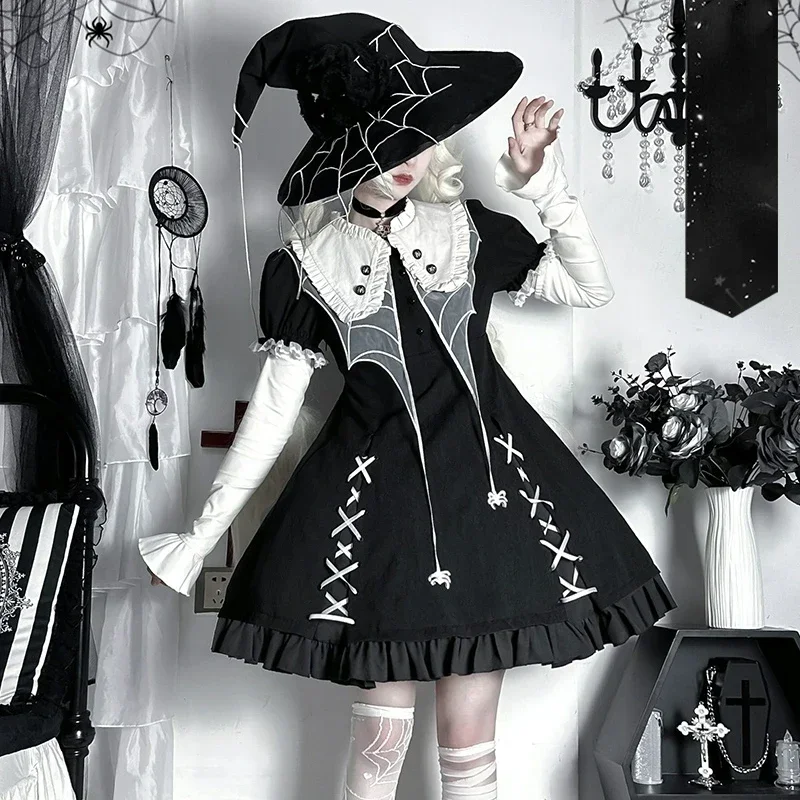 

Dark Gothic Lolita OP Dress Japan Harajuku Y2k Spider Embroidery Lace Short Sleeve Dresses Women Victorian Halloween Witch Dress