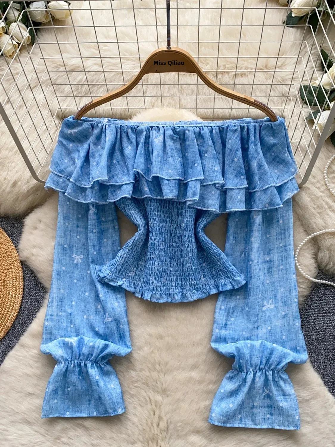Sweet Style Bell Sleeve Shirt Women's Blue Commute Top Gored Hem One Shoulder Design Breathable Polyester Fiber Long Sleeve