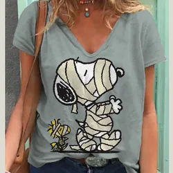 2024 Top Women Snoopy cartoon print Women's T-Shirt Oversized T-Shirt Summer Women Clothing V-neck T-shirts Female Fashion