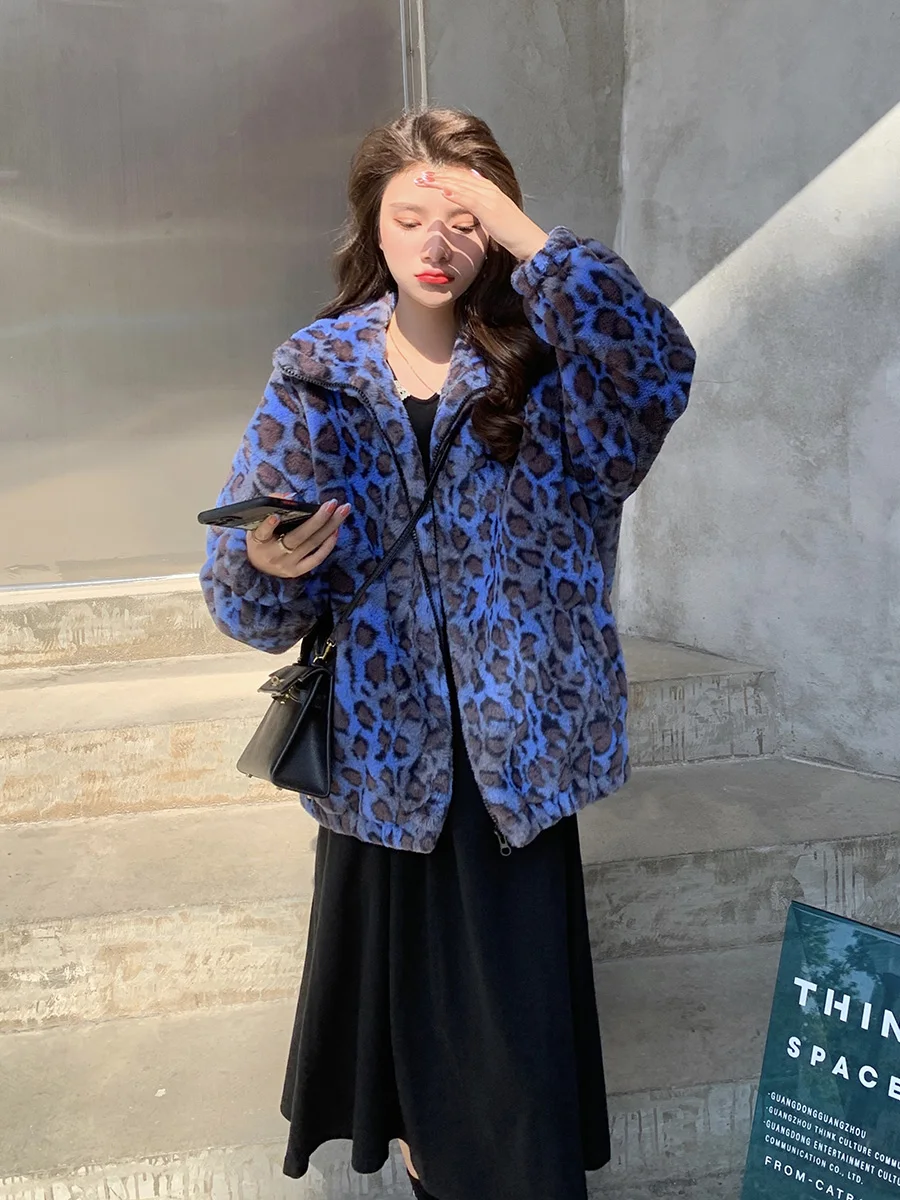 Winter 2023 Korean version loose warm lamb hair plus size short coat female leopard fur plush coat