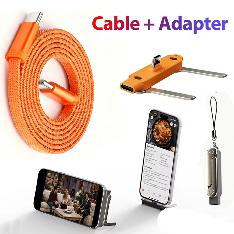 2-IN-1 60W PD Fast Charging Cable With Phone Foldable Stand Adapter Type-C Charging Line USB C braided Quick Charge Cord Wire
