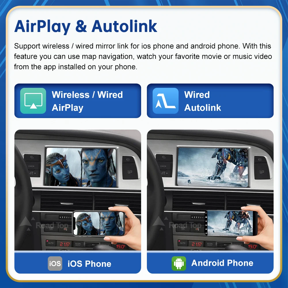 الطريق العلوي اللاسلكية أندرويد السيارات لأودي سيارة A6 C6 3G MMI 2010-2011 Carplay واجهة مرآة ربط الهواء اللعب