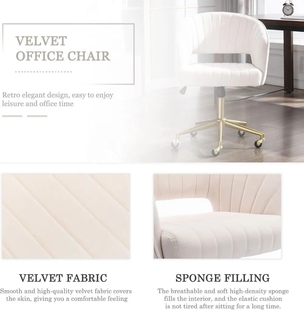 Velvet Home Office Chair, Modern Swivel Desk Chair with Gold Base, Round Solid Wheel, Adjustable Vanity Chair