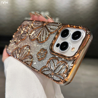 For iPhone 15 Pro Max Luxury Flash Glitter Flowers Plating Frame Phone Case For iPhone 11 12 13 14 15 16 Soft Protective Cover