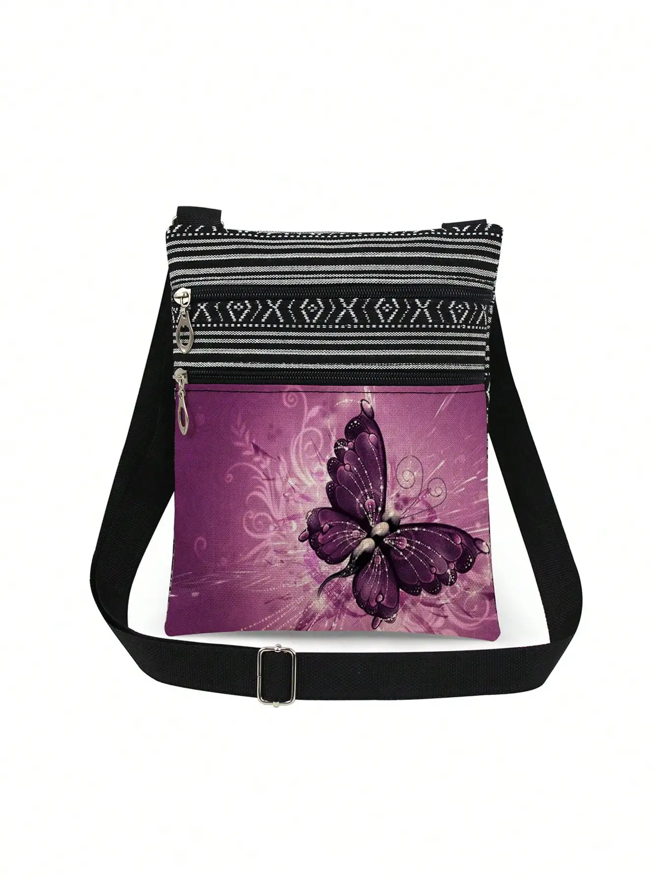 

Сумка через плечо с принтом фиолетовых бабочек и регулируемым ремнем, повседневная сумка через плечо унисекс
