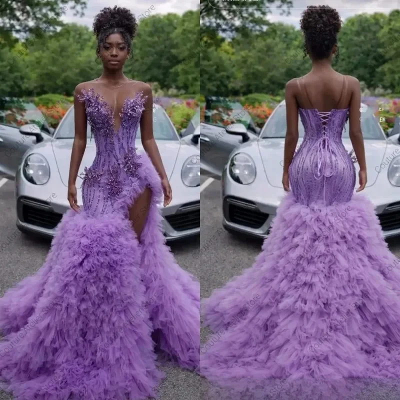 

Lilac Prom Dresses 2026 Luxury Sequin Beading Black Girls Evening Dress Crystal Birthday Outfits Ruffles Party Gowns Customized