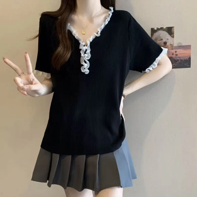 Fashionable Ruffles Spliced Pullovers Women's Clothing Solid Color Basic Summer Lace V-Neck Korean Short Sleeve Loose T-shirts