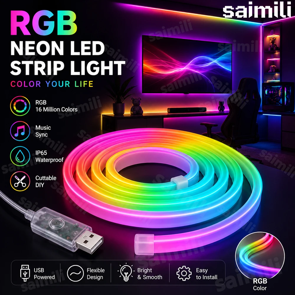 Smart 5V RGBIC Neon Rope Light Bluetooth APP Control Music Sync Dimmable Waterproof Flexible Lamp For Holiday Indoor DIY Decor