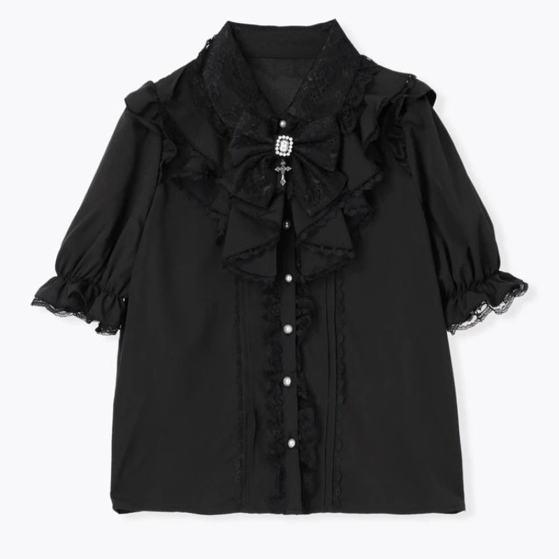 Japanese Lolita Blouse Women Purple Short Sleeve Ruffle Lace Bow Y2K Women Casual Top Retro Victorian Subculture 2026 Summer view 3