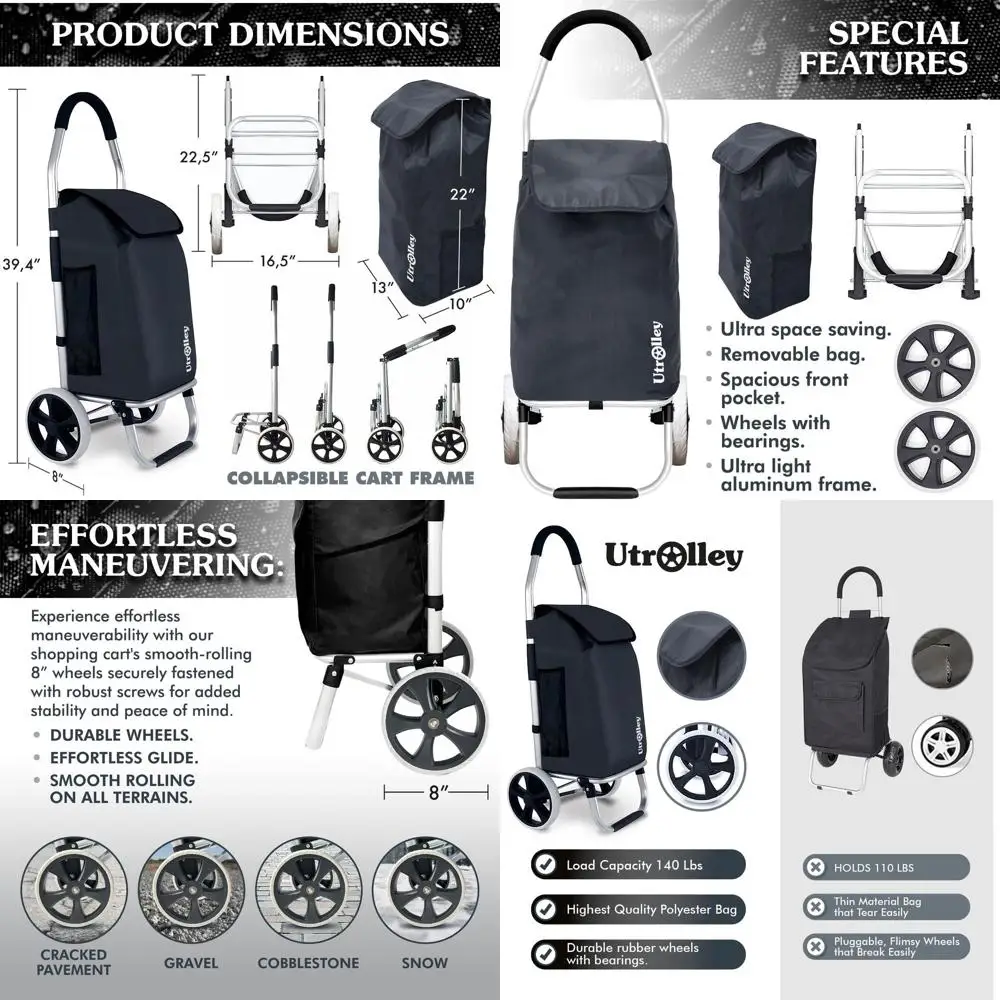 

Легкая складная тележка для покупок, объем 40 л, колеса с плавным ходом, съемная термосумка - многофункциональная ручная тележка (черная)