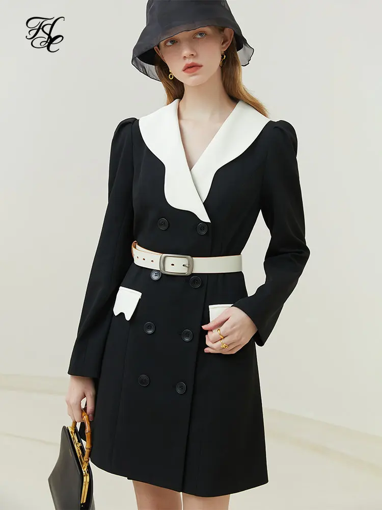 

FSLE Contrast Wave Neck Short Dress 2023 Spring New Double-Breasted Design Long Sleeve Puff Sleeve Suit Skirt Office Lady Dress