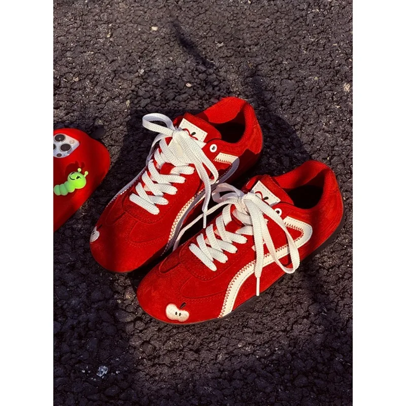 spring Summer Women Retro Red Color Block German Trainers, Thin Sole Lace Up Casual Sneakers