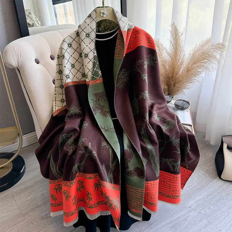 

Thick Floral Print Imitation cashmere Hijab Poncho Women Luxury Scarf Warm Travel Blanket Shawl Wraps Bufanda Echarpe