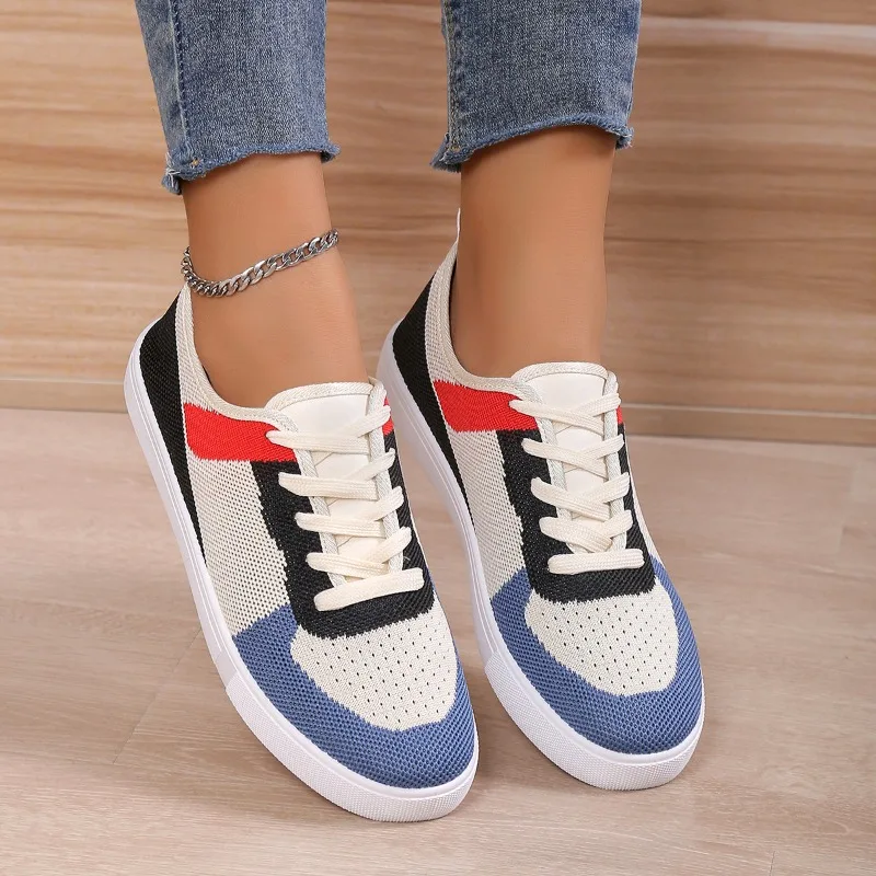 2023 Hot Sale Shoes for Women Lace Up Women's Vulcanize Shoes Autumn Mixed Colors Breathable Mesh Shoes Ladies Flat Casual Shoes