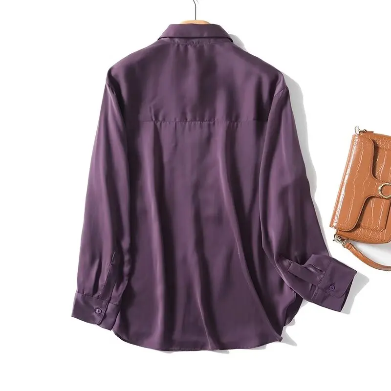 Withered Fashion Satin Shirt Women Spring Pockets Long Sleeved Purple Shirt Blouse Women Tops