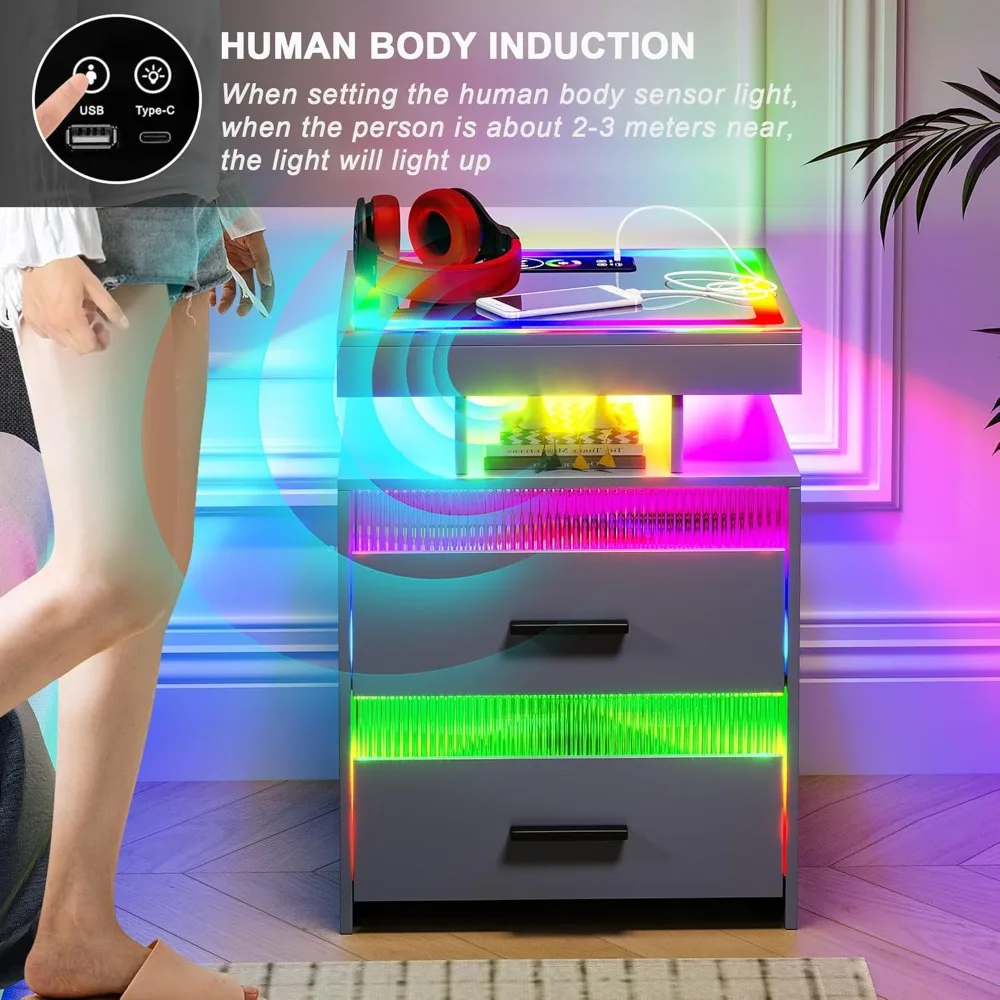 منضدة ذكية حديثة مع مصباح LED RGB وشحن لاسلكي، وطاولة بجانب السرير مع إضاءة بمستشعر بشري