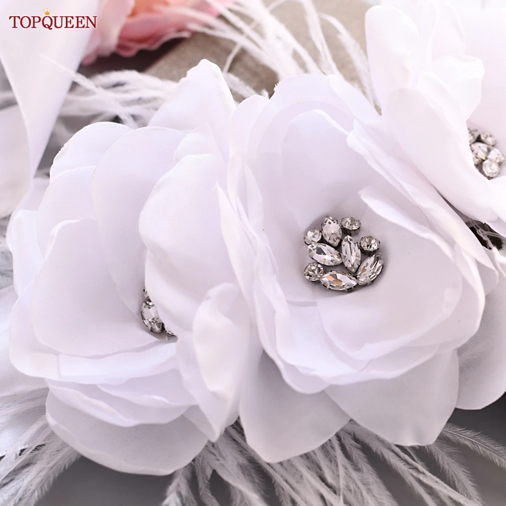 TOPQUEEN Wedding Belt White Flower Feather Sash Woman  Party Prom Decoration Bridal Dress Accessories Maternity Ribbon S438