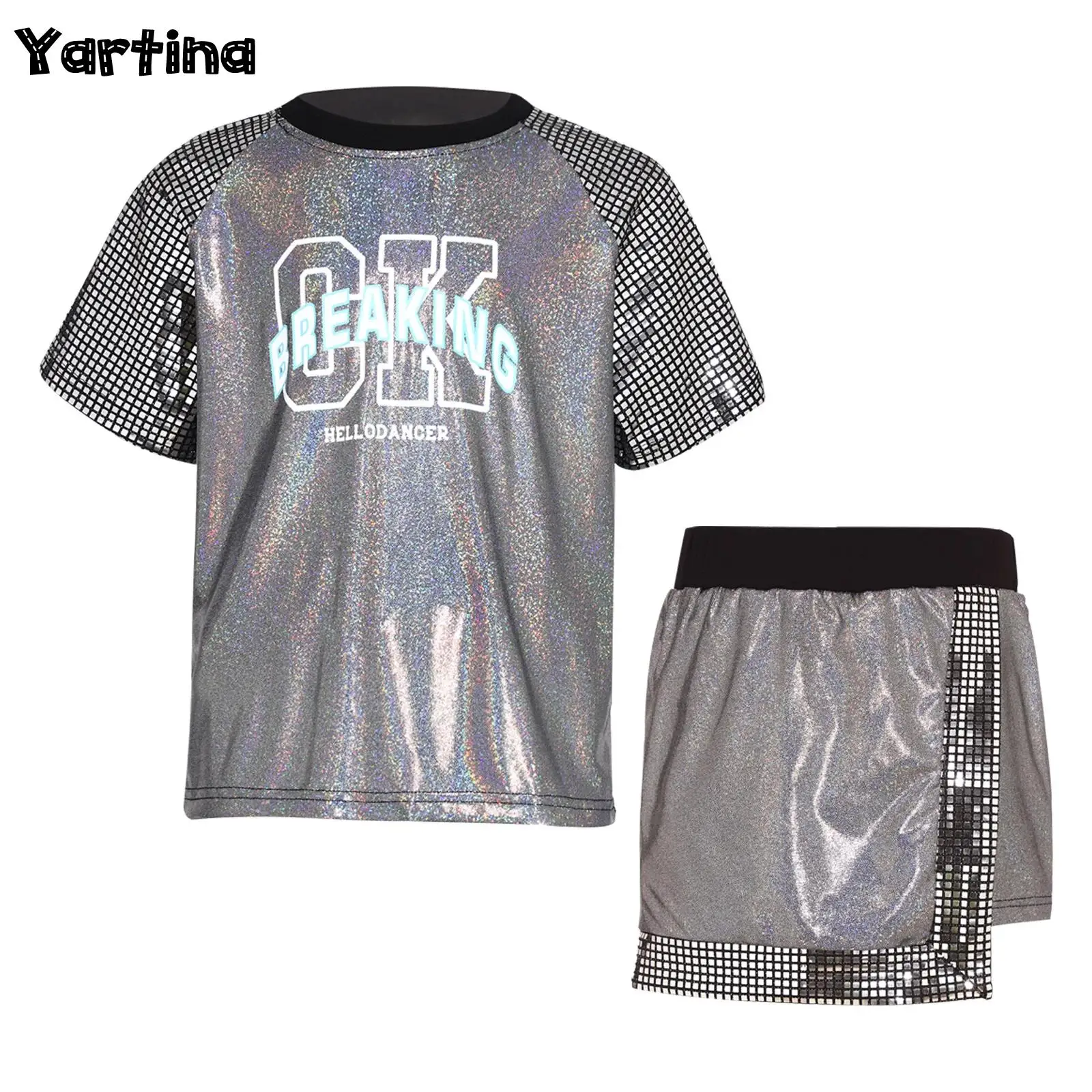 Kids Boys Girls Jazz Street Dance Outfit Hip-Hop Stage Jazz Dance Performance Costume Sparkling Sequin Metallic Top with Bottom