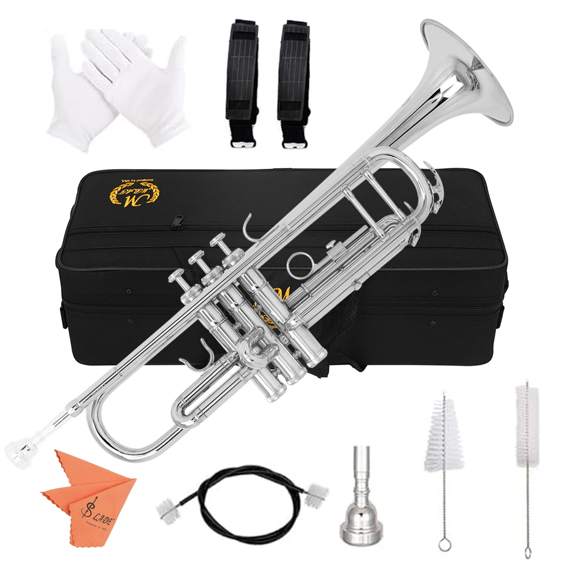 

Silver Bb Standard Trumpet Set Brass Student Beginners Trumpet Instruments with Box 7C Blowing Nozzle Gloves Cleaning Kit