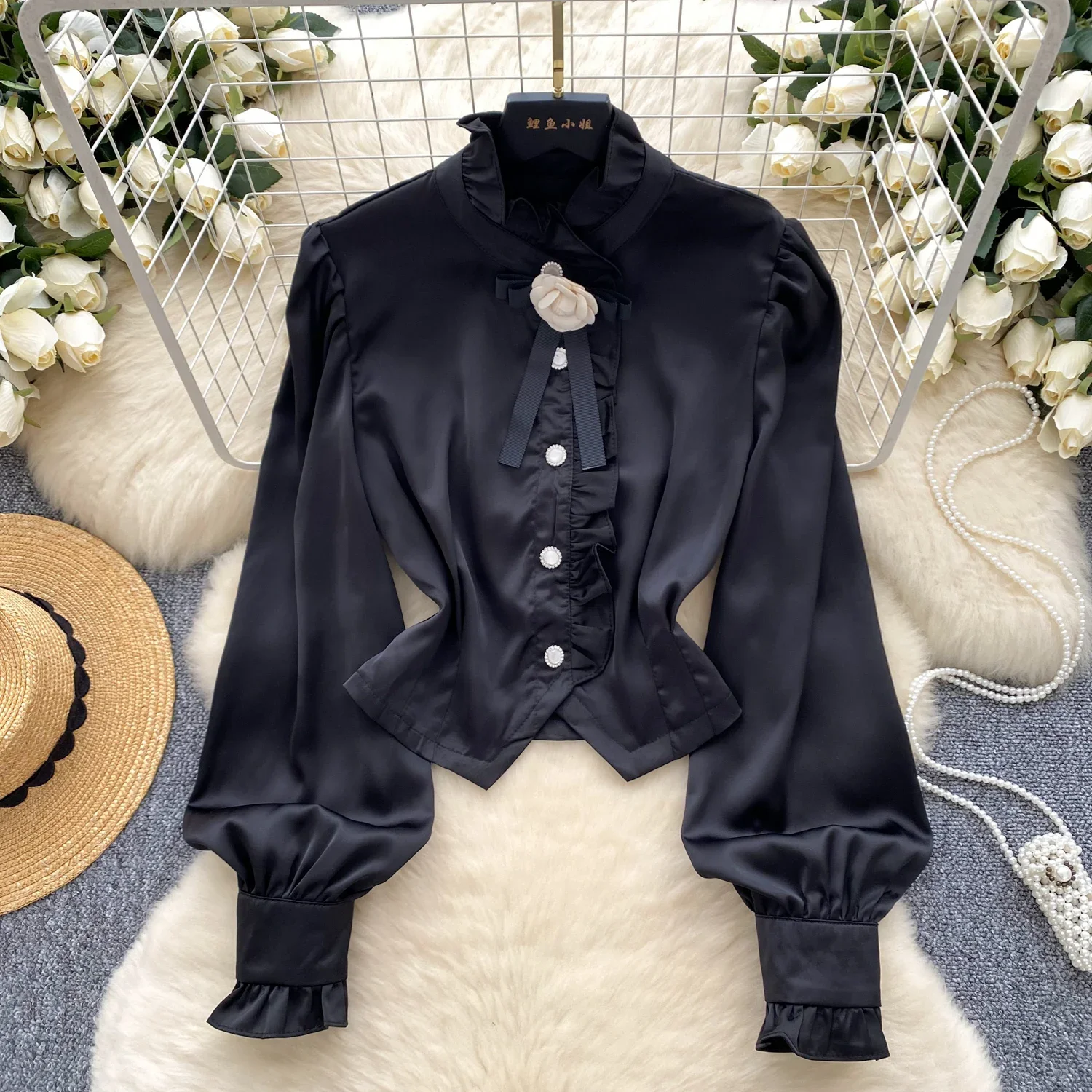 Vintage Korean Fashion Sexy Long Sleeve Single Breasted Casual Shirt Slim Basics Floral Chic Women High Street Streetwear Blouse