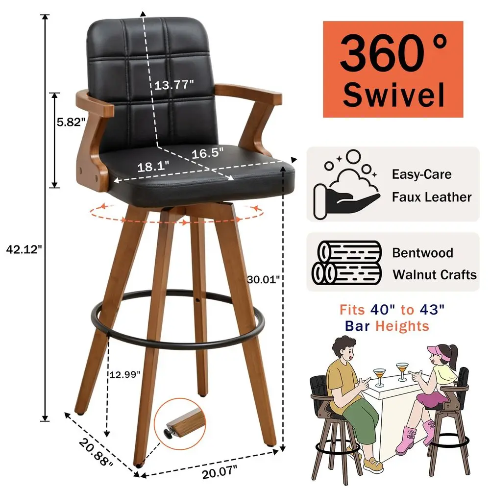 

Bar Stools Set of 2 30 inch Mid Century Bar Stools with Curved Back and Arms, Walnut Craftsmanship, Faux Leather Seat, Kitchen
