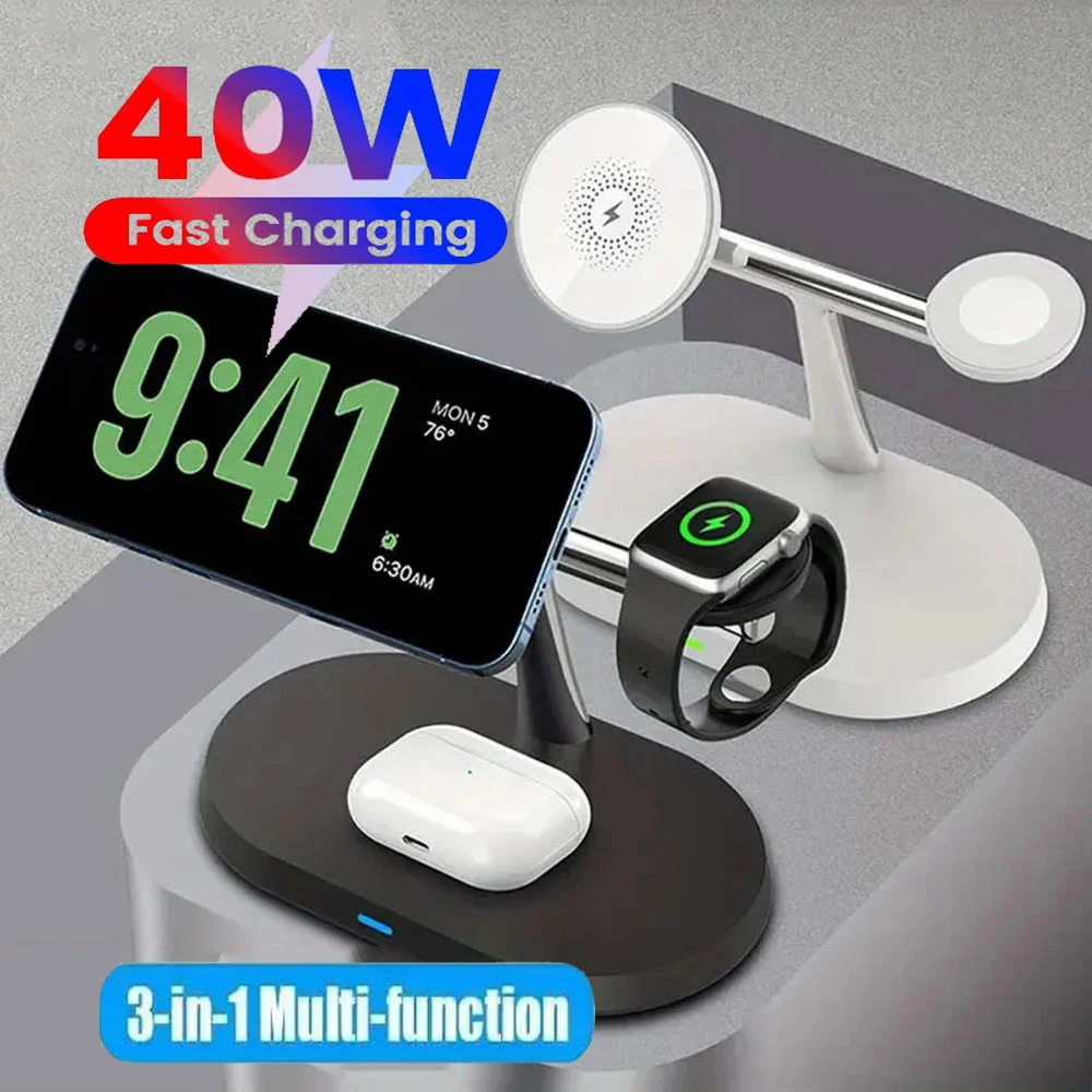 40W 3 in 1 Wireless Charger For iPhone 12 13 14 15 for Magsafe Charger Airpods Pro Apple Watch 9 8 7 6 QI Fast Charging Station