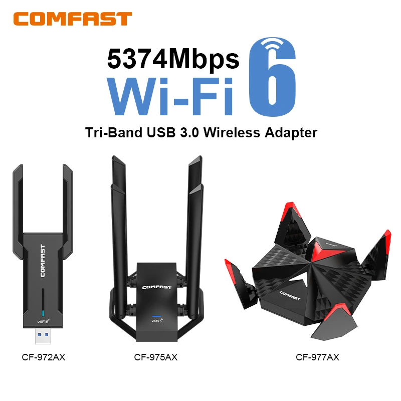 Comfast 5400Mbps WiFi6 USB Adapter Dual Band 2.4G/5G/6Ghz Wireless Receiver USB3.0 Dongle Network Card For Laptop PC Win 10/11