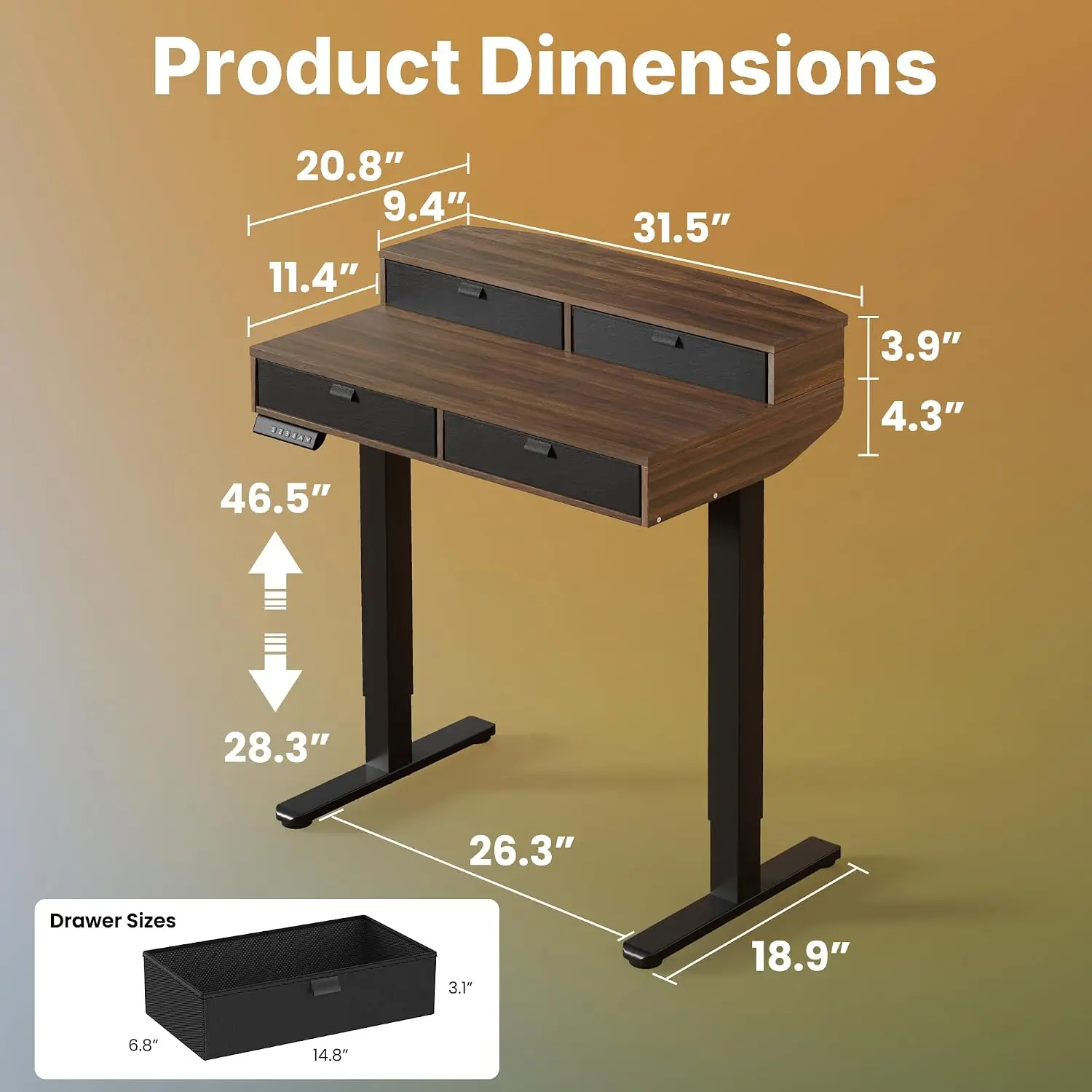 Electric Standing Desk 4 Drawers Walnut Monitor Shelf C-Clamp 4 Memory Presets 28.3-46.5 Inch Height 32x20 Inch, Customized