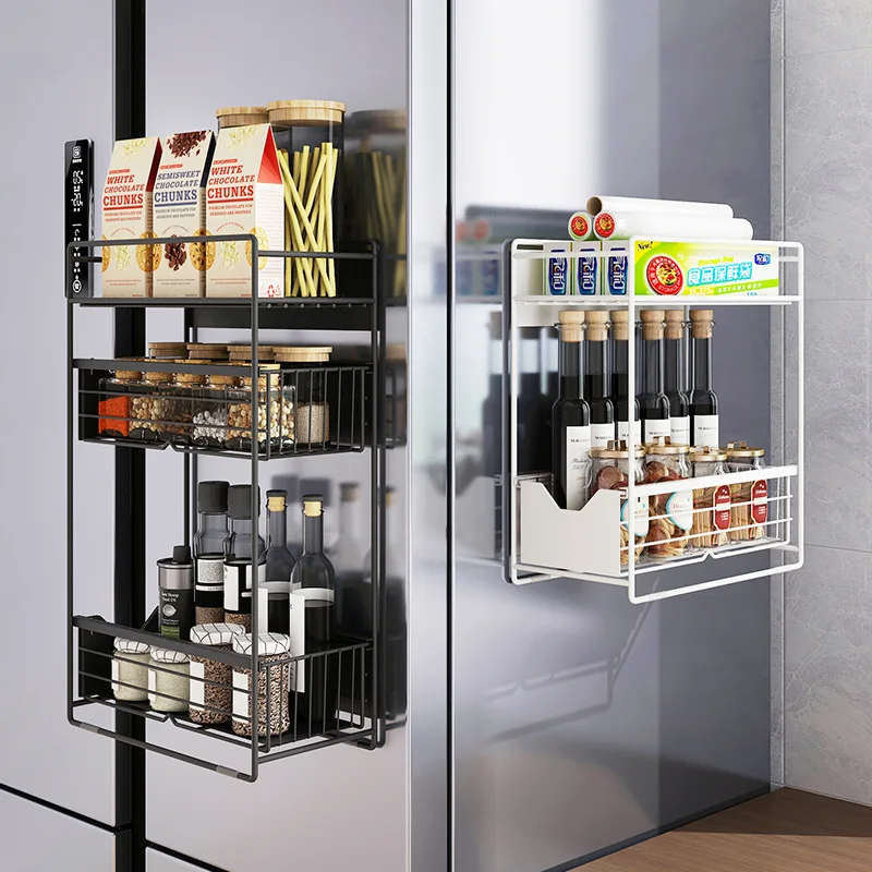 Steel Refrigerator Side Storage Shelf Magnetic No Install Pull Out Organizer Movable Single Dual Triple Tier Rack Kitchen
