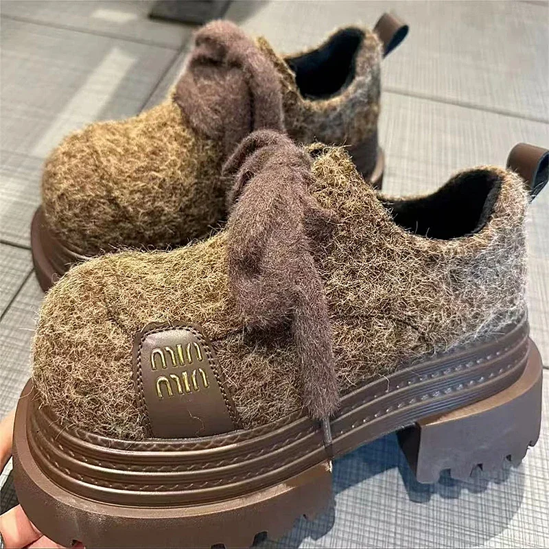 

ZHUOFU Retro Big Head Fluffy Women's Shoes Fashion Winter Snow Boots for Women Fur Platform Warm Lace-up Female Footwear