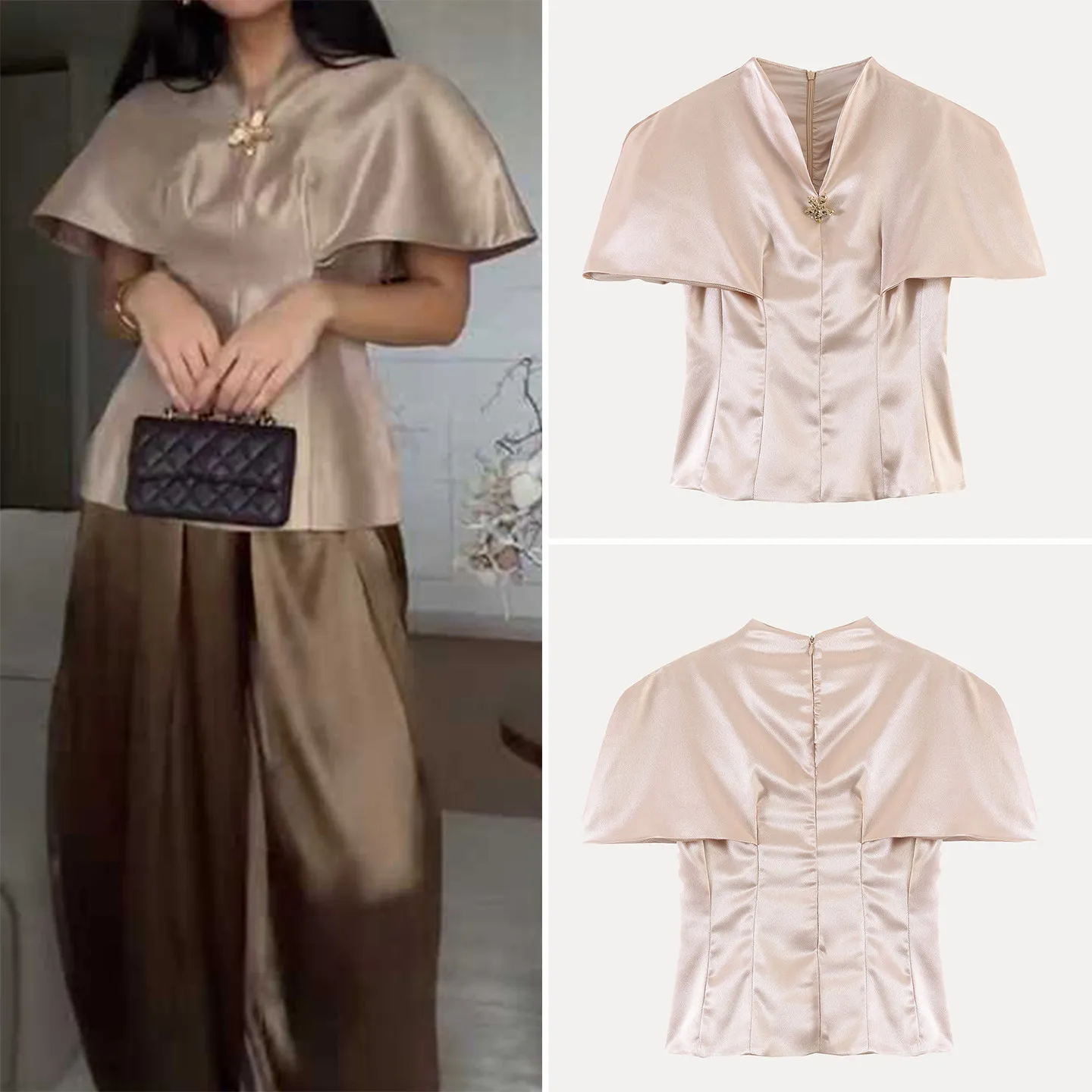 

Женская модная коллекция Весна 2026: Простой универсальный топ-накидка с воротником-стойкой, коротким рукавом, элегантной застежкой-молнией и эффектом утяжки на талии