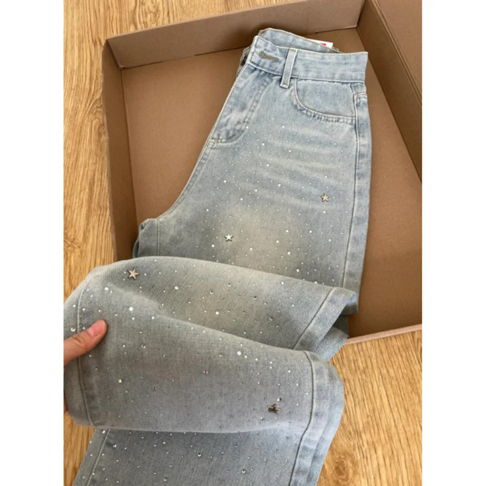 Hoge taille jeans dames wijde pijpen broek diamanten gesplitste denim broek volledige lengte broek losse vintage zakken gewassen winter 2025,