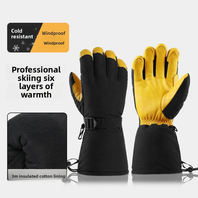 3M Thermal Insulation Cowhide Ski Gloves Long Winter Windproof Warm Gloves Split Fingers Cross-Border for Snow Mountaineering
