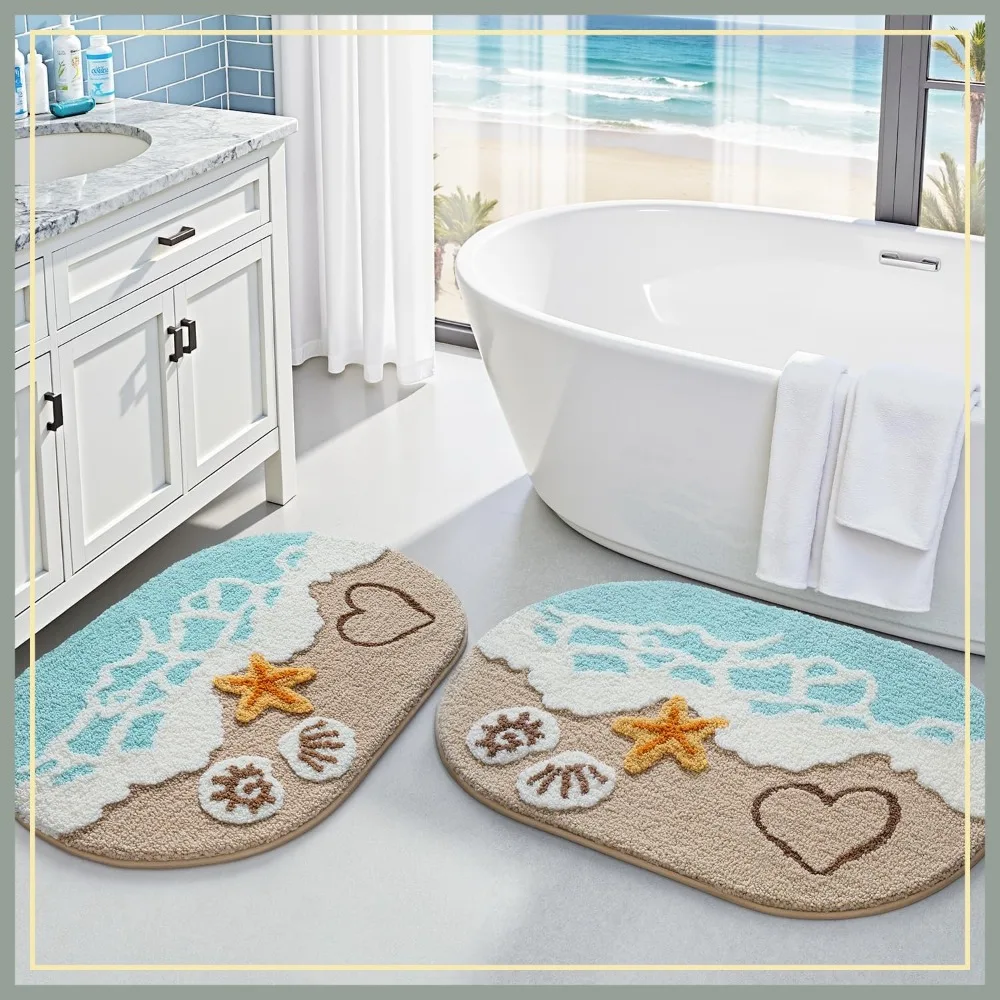 

2 Piece Beach Bathroom Rugs Set, Non Slip Bath Mat Ultra Soft Washable Absorbent Quick Dry, Ocean Sea Theme with Starfish Shell, 22x34