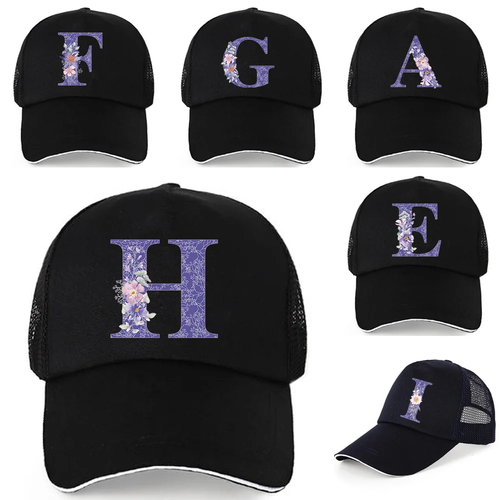 Women Ponytail Baseball Cap Purple flower letter Snapback Summer Mesh Hat men Fashion HIp Hop Hat Casual Adjustable Outdoor Bone