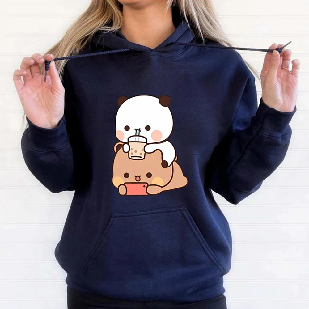 Cute Panda Bear Hoodie Bubble Tea Shirt Bubu and Dudu Tee Unisex Anime Clothes Kawaii Sweatshirt Vintage Cartoon Graphic Hoodie