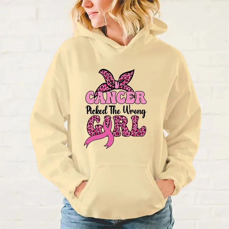 Fashion Women'S Hooded Breast Cancer Awareness Cancer Picked The Wrong Girl Printed Long Sleeve Solid Color Fleece Loose Tops