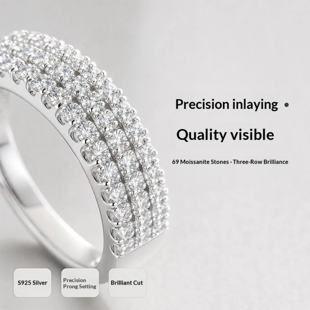 S925 Silber 3-reihiger D-Farben-Moissanit-Halb-Eternity-Ring für Damen, Edelschmuck, Weißgold-Diamant-Ehering, Jubiläumsgeschenk – Detail 5