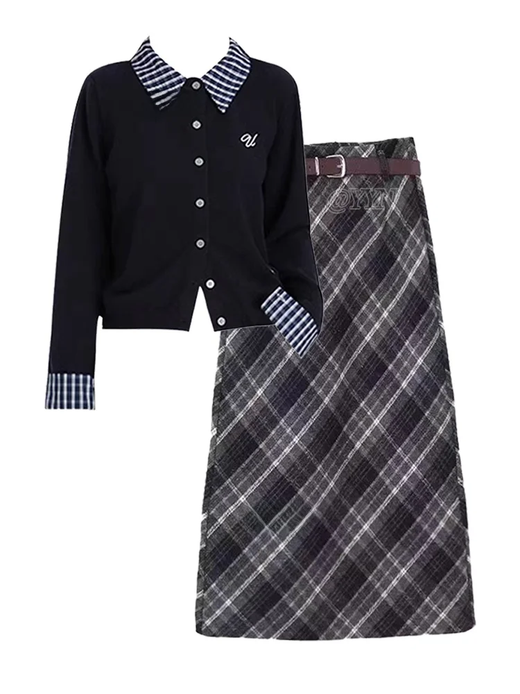 

Комплект: вязаный кардиган в клетку с длинными рукавами и винтажная юбка миди с высокой талией для женщин, осенне-зимний, в университетском стиле