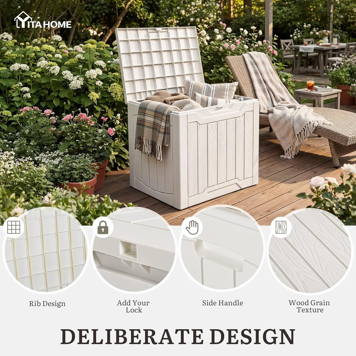 31 Gallon Deck Box Set of 2 Lockable Outdoor Storage Bins for Patio Cushions Garden Tools Resin