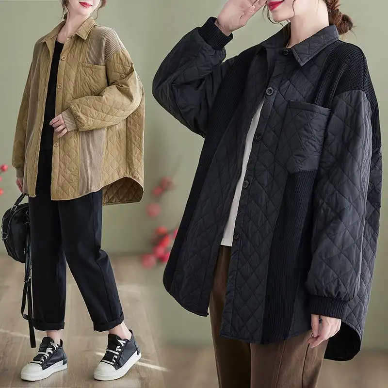 

Casual Knitted Patchwork Loose Cotton Shirt Outerwear Autumn Winter New Style Commute Pure Color Long Sleeve Collar Sing...