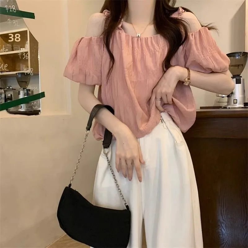 

Cute Pink Short Sleeve One Shoulder Bubble Sleeve Flower Bud Hanging Top Women's Summer Pure Desire Shirt Sweet Style Loose Fit