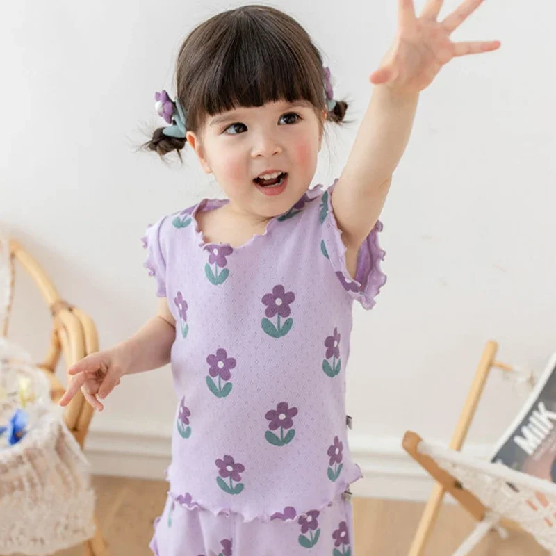 

2025 Summer Lightweight Floral Print Short Sleeve Shorts Kids Pajamas Set