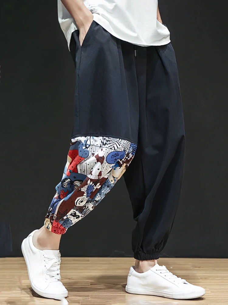 اليابانية القطن الكتان عادية بنطال رياضي الرجال الصيف الحرير الجليد السراويل الفضفاضة الذكور المشي واسعة الساق فضفاض Sweatpants الصينية