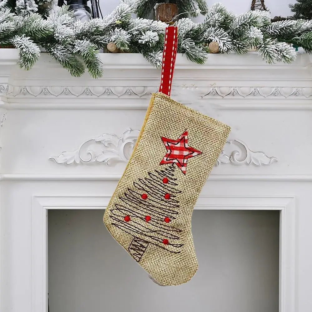 Linen Burlap Embroidery Christmas Stocking Reusable Hanging Christmas Decoration Decorative Small Christmas Gift Bag Fireplace